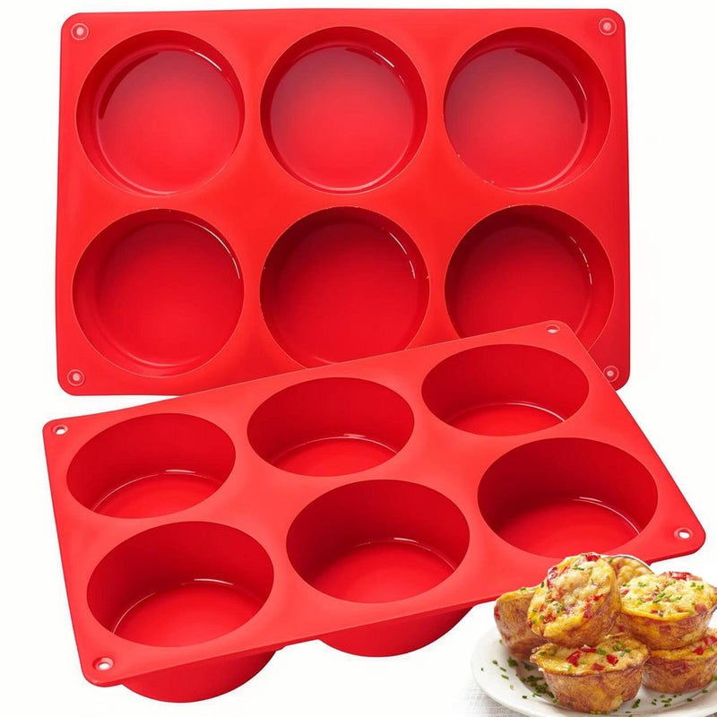 Dootafy Silicone Egg Bite Molds, 2 Pack Silicone Egg Molds Frittata Pan, Deep 3 Inch Dash Egg Cups Sous Vide Egg Mold Round Rolls Molds for Egg Breakfast Sandwiches Omelets Dinner Rolls Baking - Red - Image 1